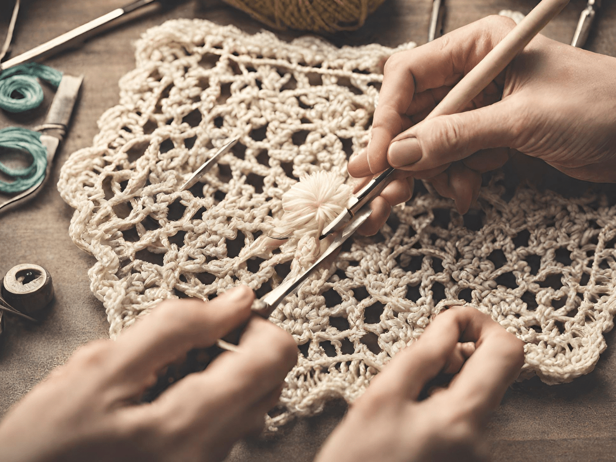 Hands crocheting a piece of lace vintage fabric